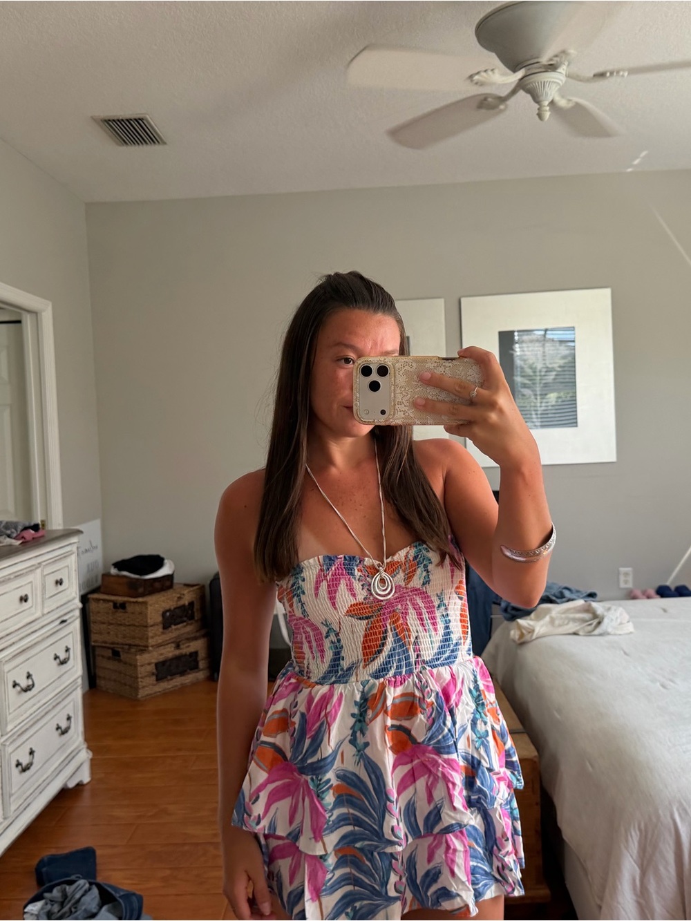 Smocked Tiered Mini Dress in Pink Floral